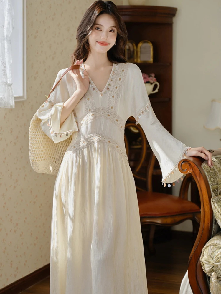 Automne hiver vert à manches longues Chic diamants col en v robe Maxi femmes élégant décontracté robe de vacances 2025 coréen luxe robe de bal