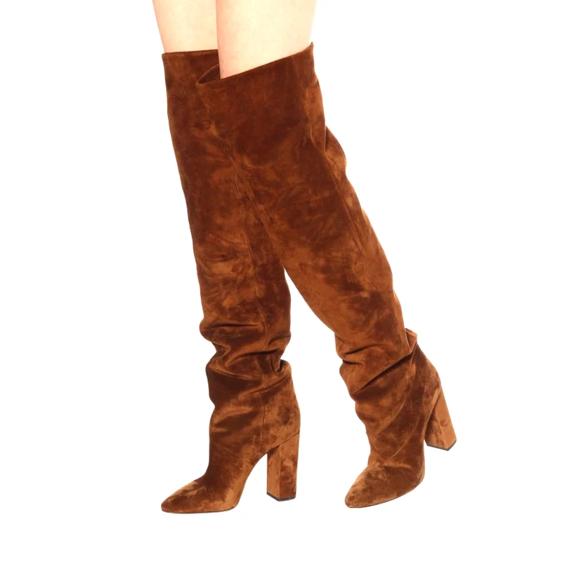 

Black Brown Beige Pleated Suede Block Heel Winter Long Boots Solid Women Winter Boots Pointed Toe Square Heel Knee Boot