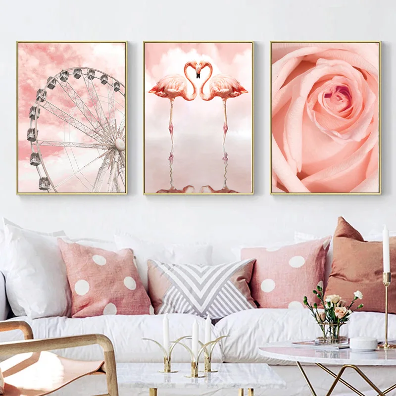 Stylish pink flowers flamingo beach hay dunes wall art canvas living room home decor frameless painting