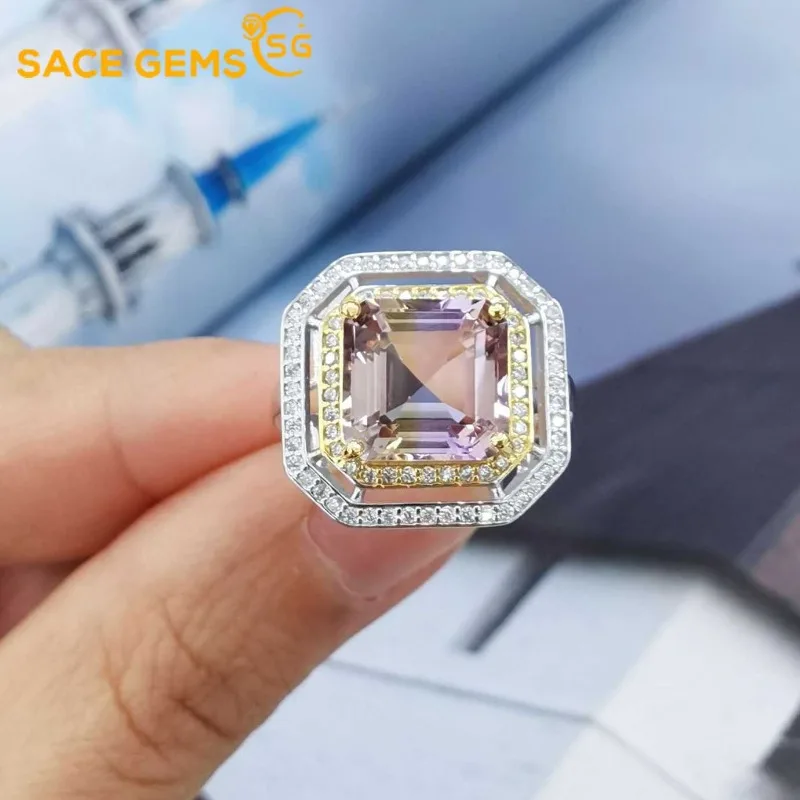 SACE GEMS Fashion 925 Sterling Silver 10mm Natural Ametrine Luxury Rings for Women Created Wedding Engagement Party Fine Jewelry