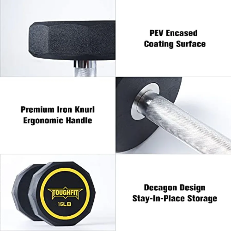 Decagon Dumbbell Set - PEV Encased Coated Black Dumbbells for Strength Training, Home Gym, Full Body Workouts - Non-slip Knurl