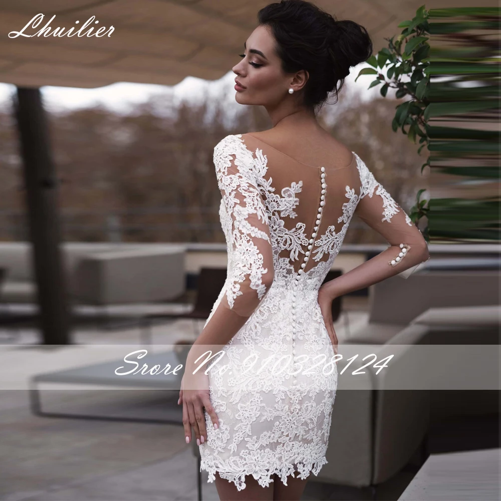 Lhuillier Elegant Scoop Neck Lace Appliques Mini Wedding Dresses 3/4 Sleeves Bridal Dress with Detachable Train