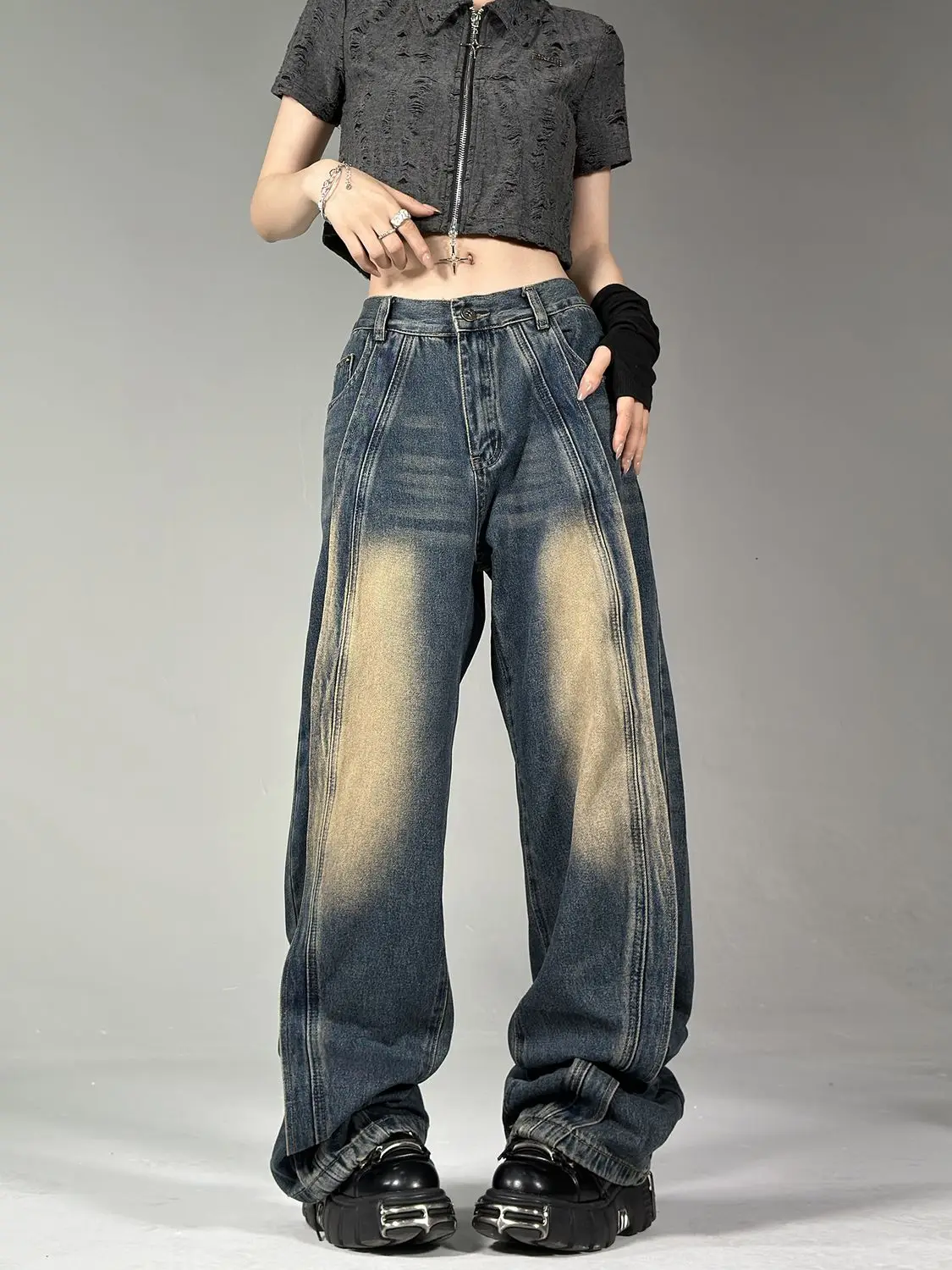 

American high street jeans with high-end design for men and women straight leg trend hip-hop retro personalized casual pants