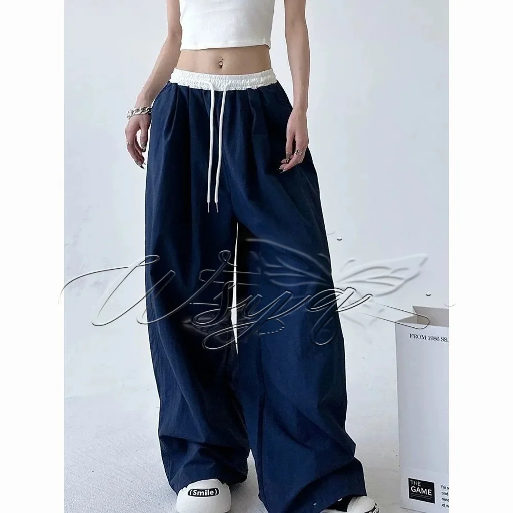 Pantalones largos rectos de corte clásico, de color azul marino con bloques de color, de secado rápido, estilo hip-hop, con cintura elástica y cordón ajustable, de corte holgado, ideales para un estilo urbano.