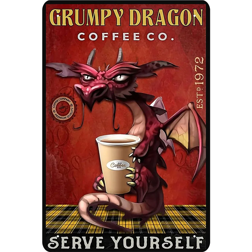 Dragon Wall Decor Tin Sign and Coffee Wall Decor Tin Sign Grumpy Dragon Coffee co. Serve Yourse Kitchen Metal Sign Vintage Home