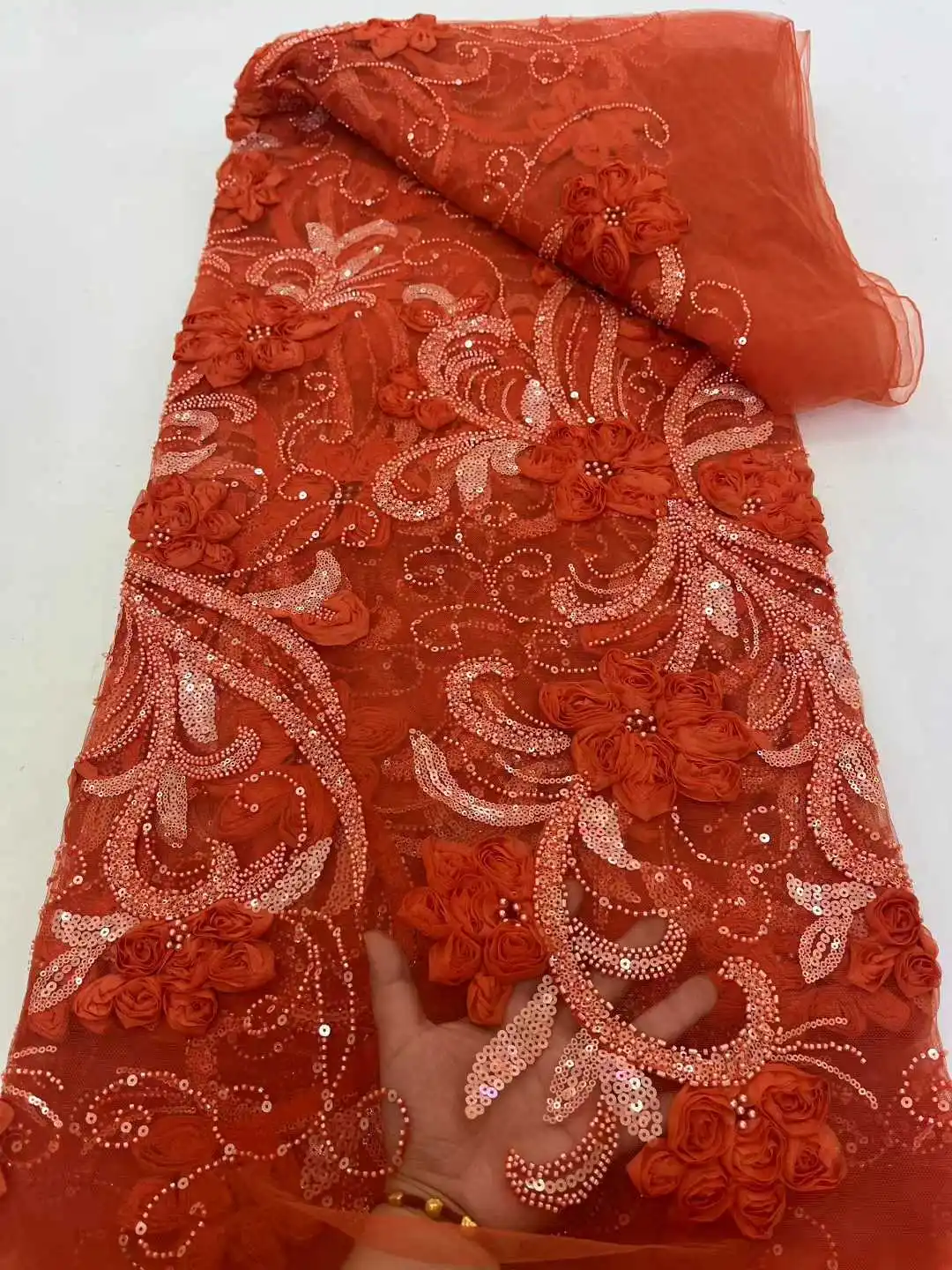 

African 3D Flower Lace Fabric 2025 Nigerian Sequins Groom Lace Tulle Fabric Wedding Party Dress Sewing High Quality 5 Yards