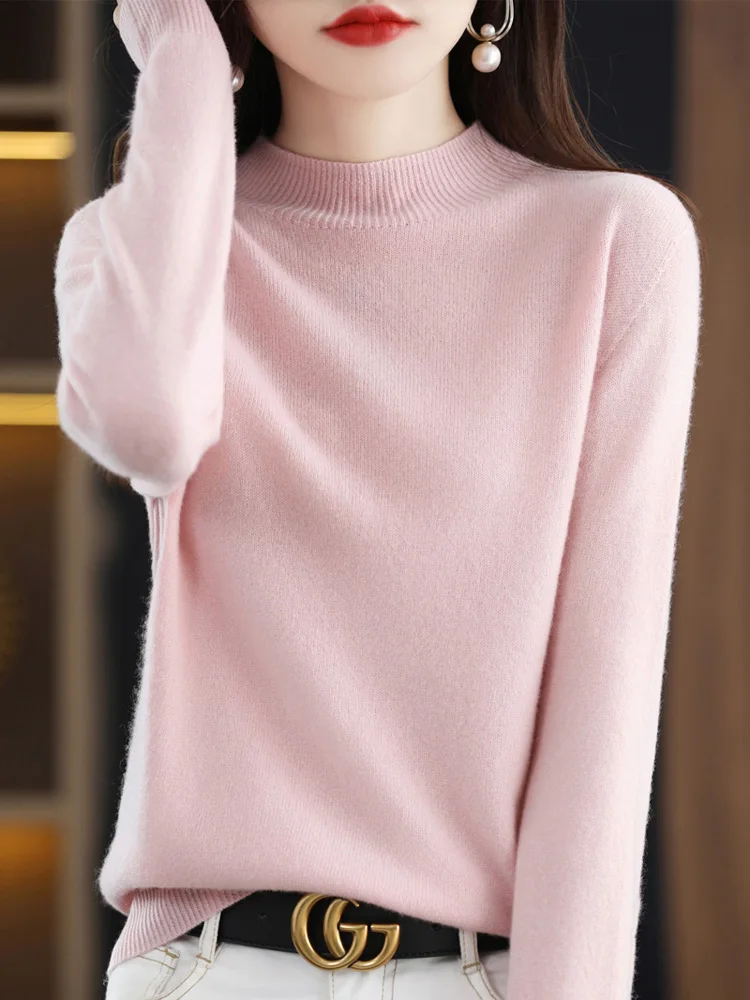 Long Sleeve Women Clothing Autumn Winter Pullover New Fashion 100% Merino Wool Sweater Mock Neck Basic Knitwear Tops  Jerseys