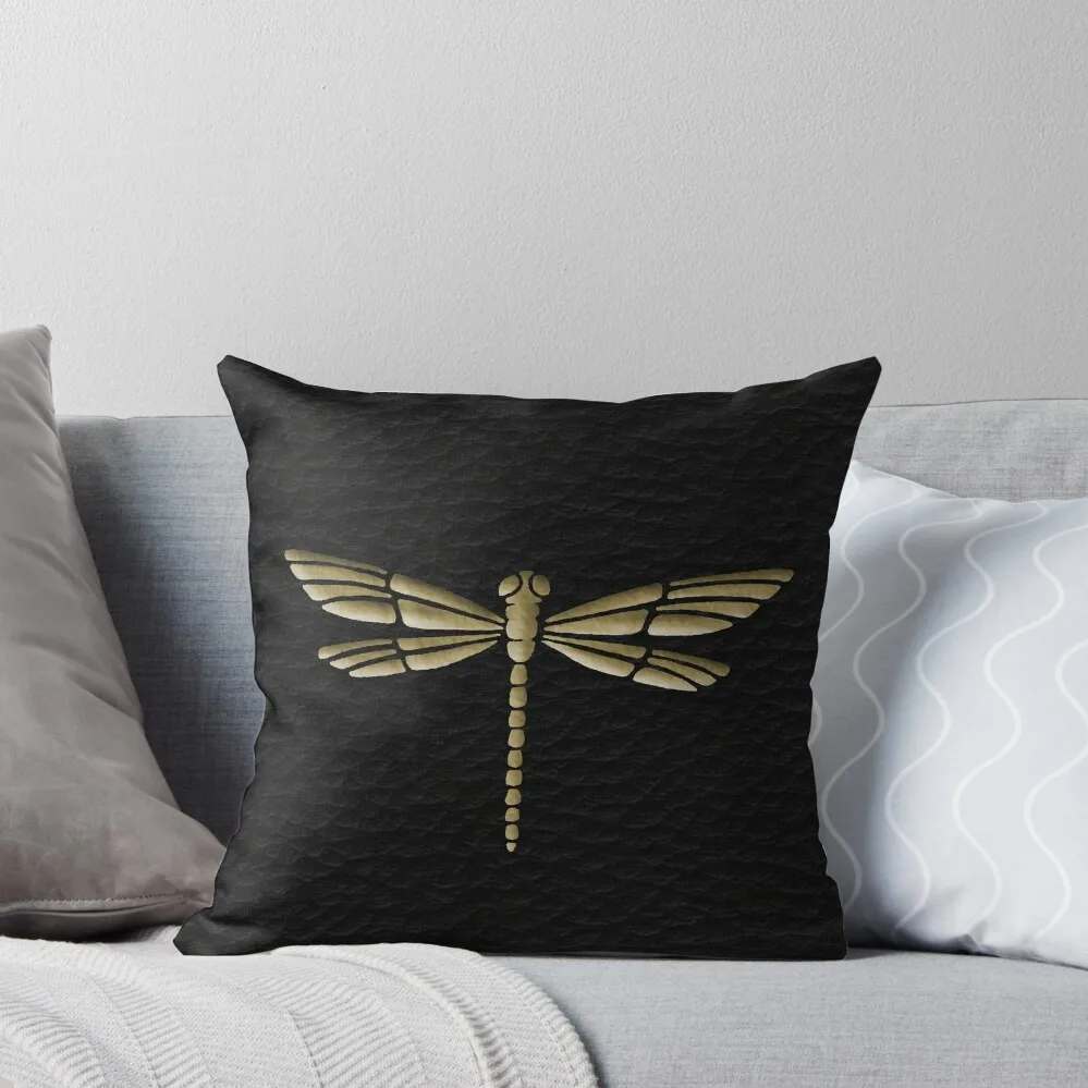Gold Dragonfly embossed look on black leather look Throw Pillow bed pillows Room decorating items pillow