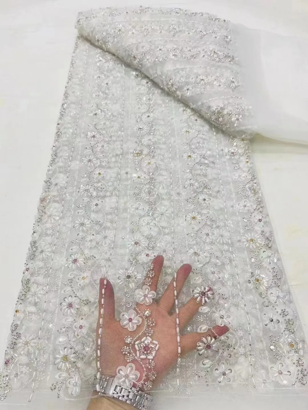 

High Quality Beaded Lace Fabric Luxury Sky Blue for Bridal Wedding Material with Sequins Tulle Lace Party Evening Dress Women