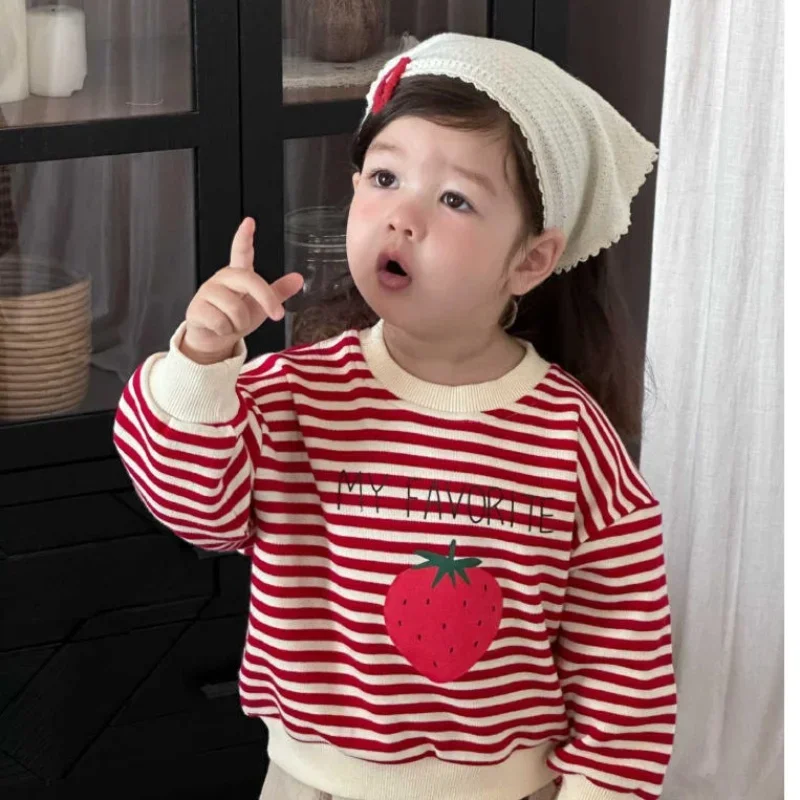 

Autumn Girls Striped Sweatshirt Cute Strawberry Print Long Sleeve Soft Knit Pullover Top Casual Daily Outfit