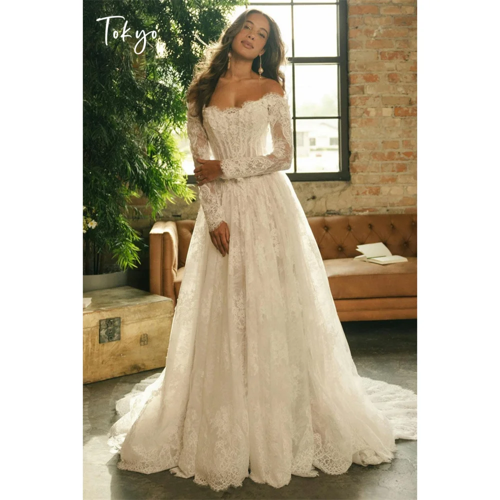 Tokyo Off Shoulder Long Sleeve Wedding Dress Lace Corset A Line Bridal Gown Vintage Church Wedding Dress Elegant Party Gown 2026