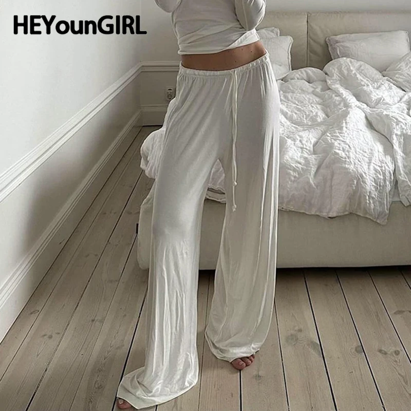 

HEYounGIRL Casual White Lady Wide Leg Pants Elastic Waist Basic Loose Fit Women Minimalist Sweatpants High Street Y2K Joggers