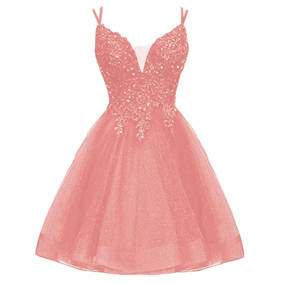 

Short Evening Homecoming Dresses Spaghetti Straps A-Line V-Neck Lace Up Back Mini Graudation Cocktail Prom Party Gown Customized