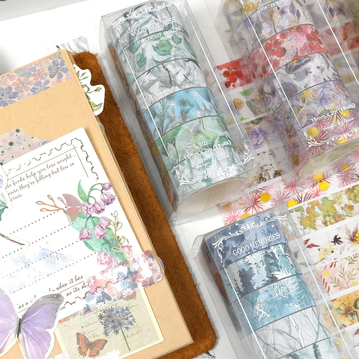 花柄の植物の和紙テープが6ロール/箱入りで、DIYノートのコラージュ装飾に適しており、友人へのギフトにもなります。