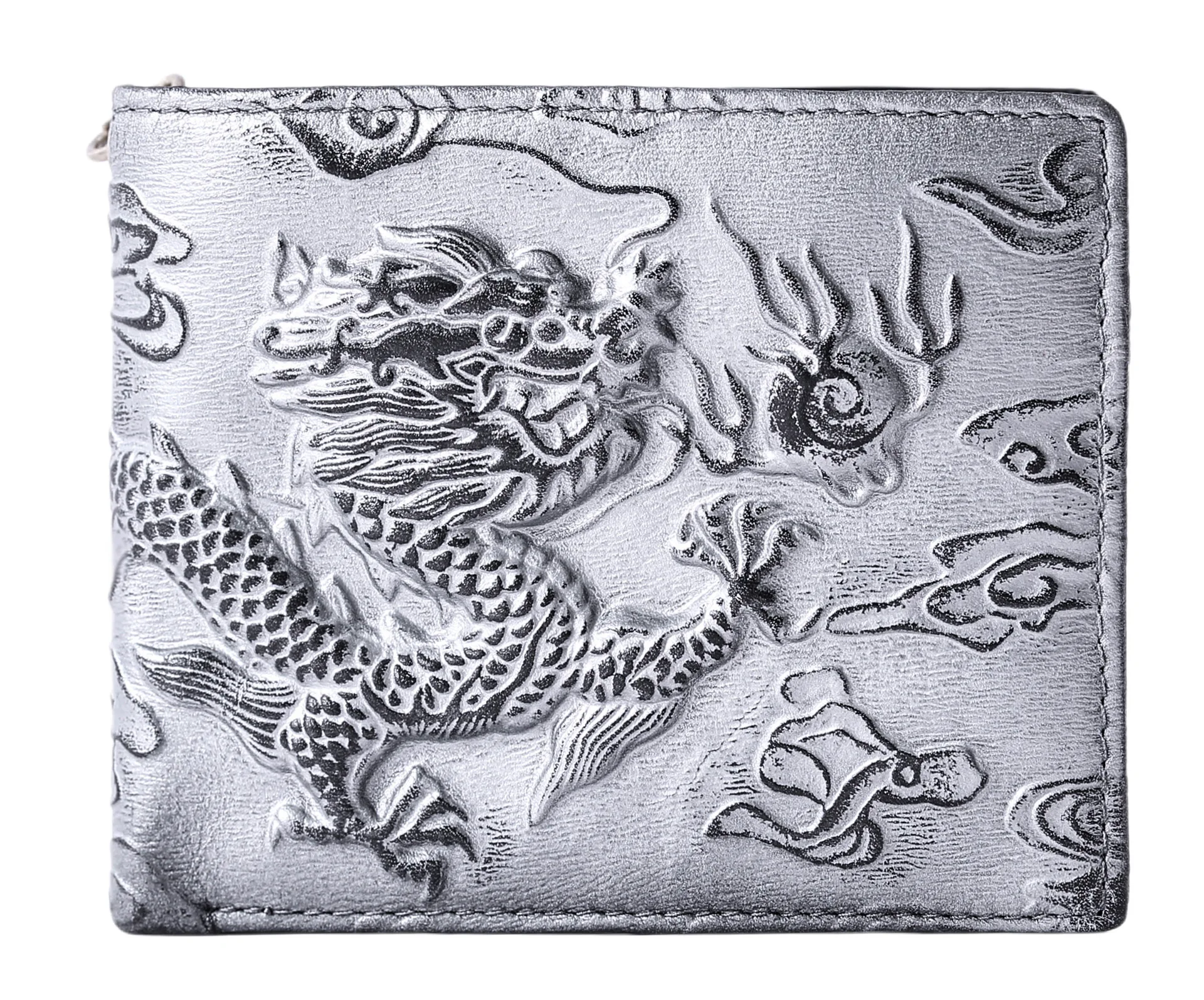 Punk Rock Biker Herren-Geldbörse mit Metallkette Retro Silberner Drache Geprägt Echtes Leder Diebstahlsichere Kettenbörse für Männer – Detail 12