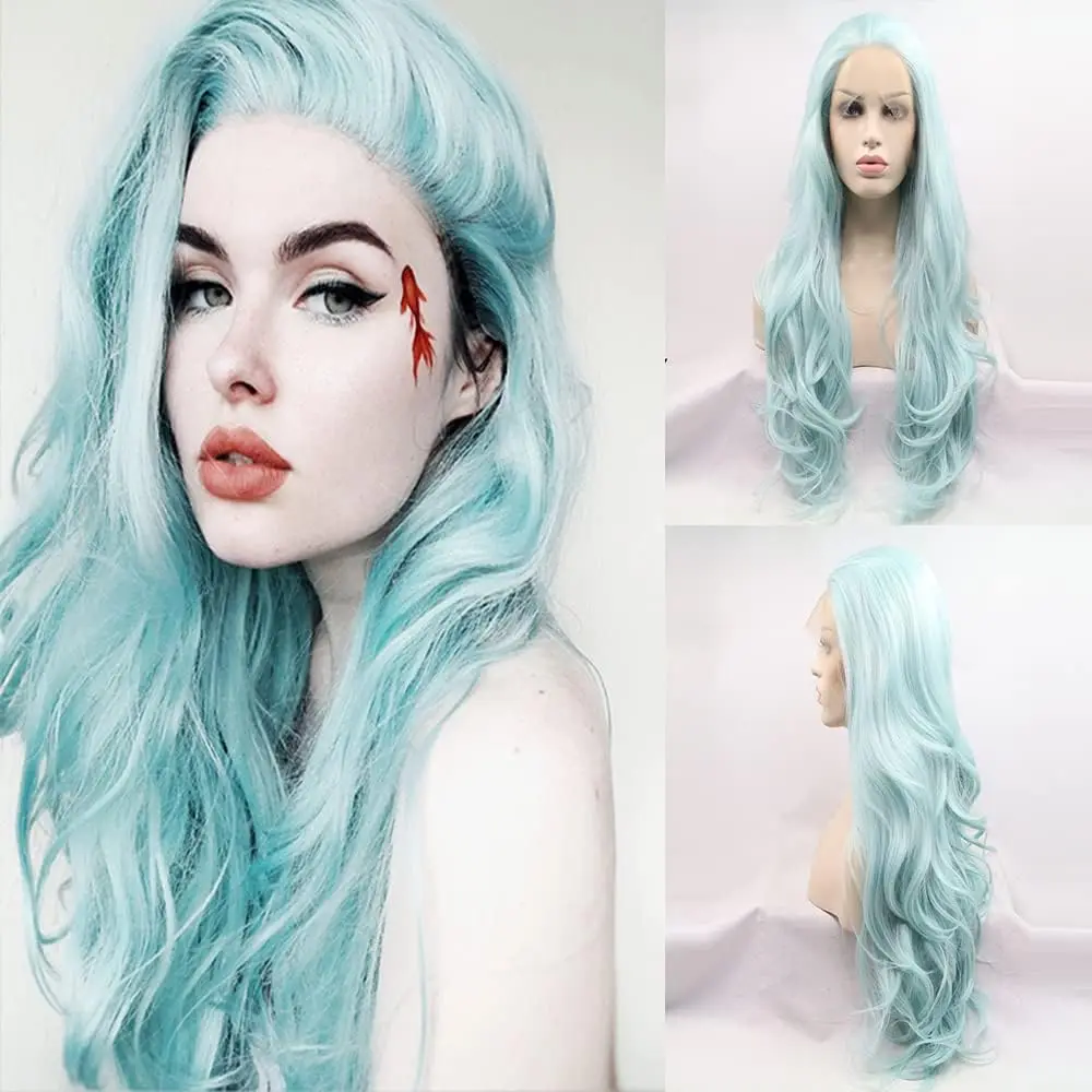 Sylvia Mint Green Lace Front Wig Long Body Wave Mixed Blue Synthetic Lace Front Wigs Free Part Heat Resistant Wig