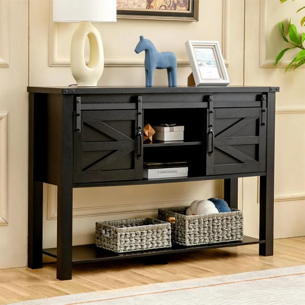 Entryway Table with Sliding Barn Doors, 46'' Farmhouse Console Table with Storage, Rustic Sofa Table with Adjustable She