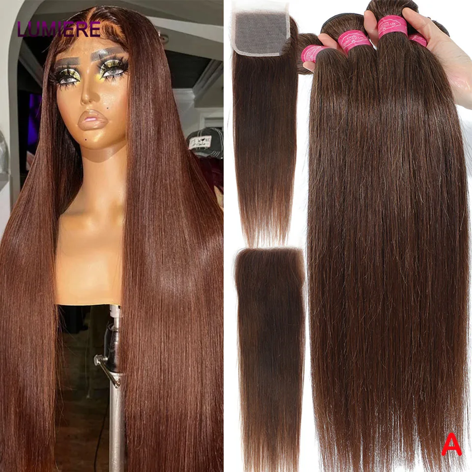 

Chocolate Brown Bone Straight Human Hair Bundles With Closure Frontal HD Transparent Brazilian Hair Bundle Deal Hair Extension