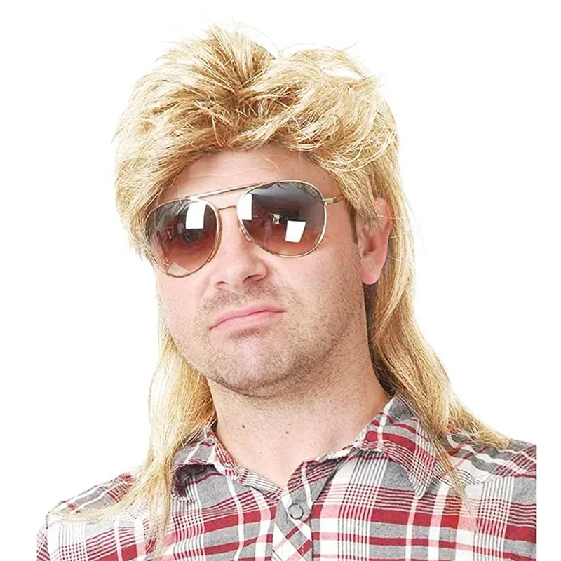 Mens Mullet Wig 80s Rock Star Wig Brown Wavy Synthetic Hair Costume Wig for Cosplay Fancy