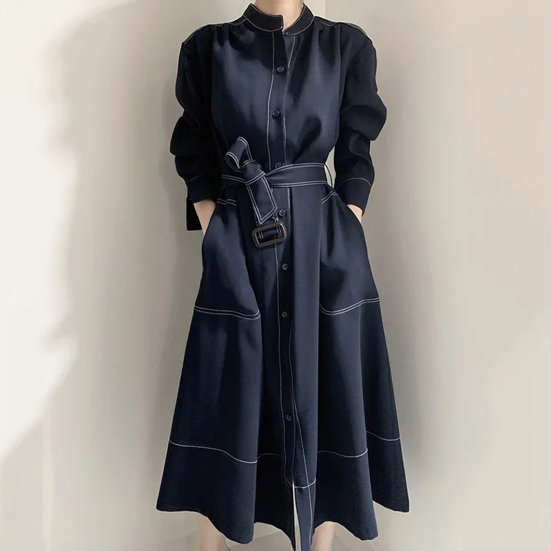 Women Autumn Dress Elegant Single Breasted Stand Collar Loose Trench Y2k Dresses Pockets Coats High Waist Long Vestidos Jackets