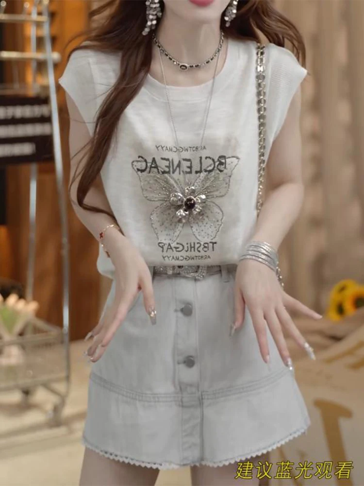 

Summer 2025 new letter butterfly print round neck short sleeved T-shirt women fashion and versatile casual commuting top