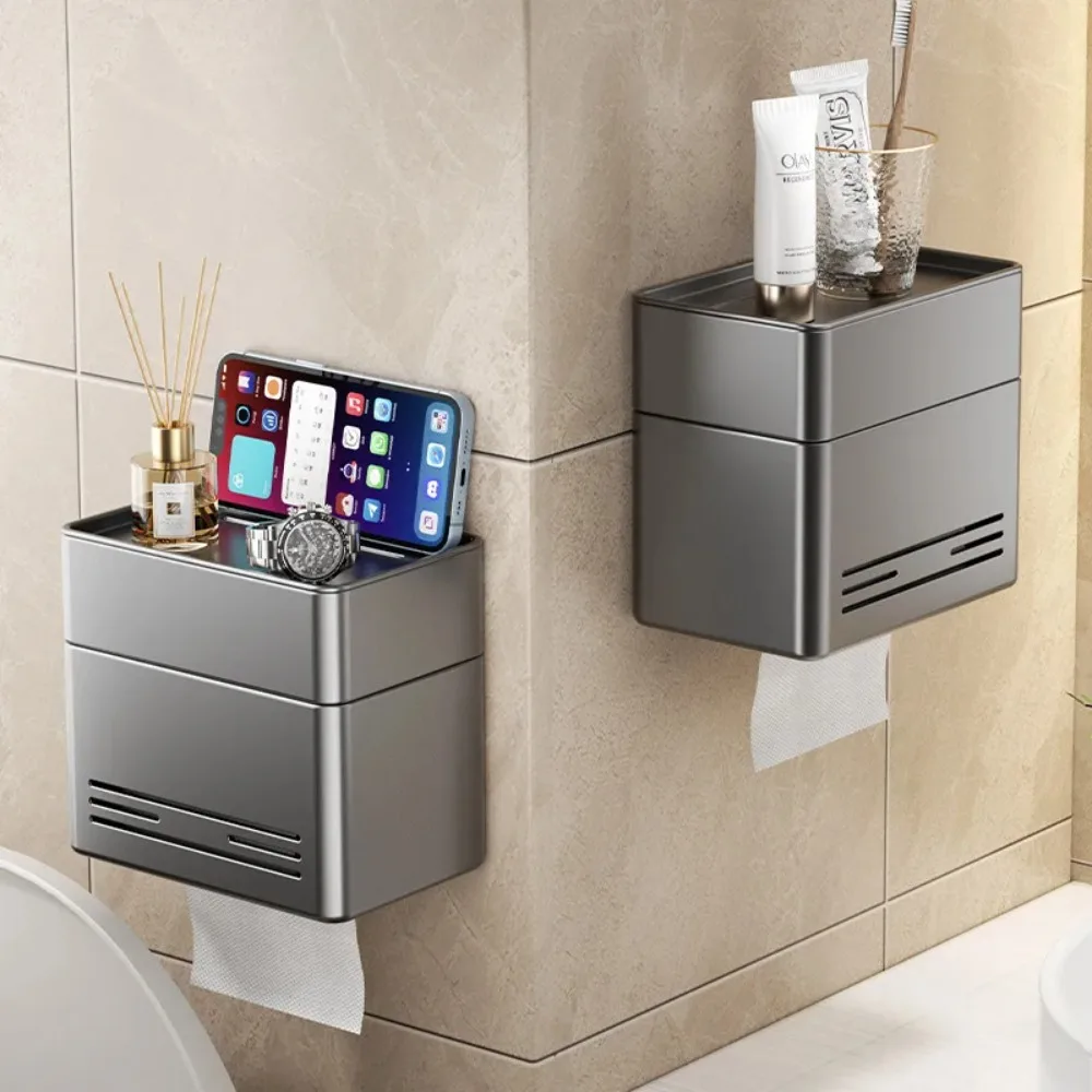 

Двухслойная коробка для салфеток, домашнее пространство, алюминиевая коробка для бумаги без перфоратора, полка для туалетных салфеток, настенный многофункциональный держатель для салфеток