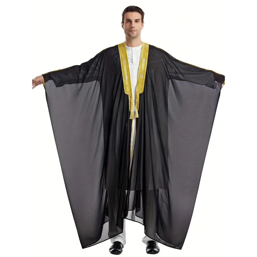رمضان الإسلام Thobe الرجال المطرزة التباين السويدي اللون بأكمام طويلة ثوب كيب رداء، عباية رجالية برقعة