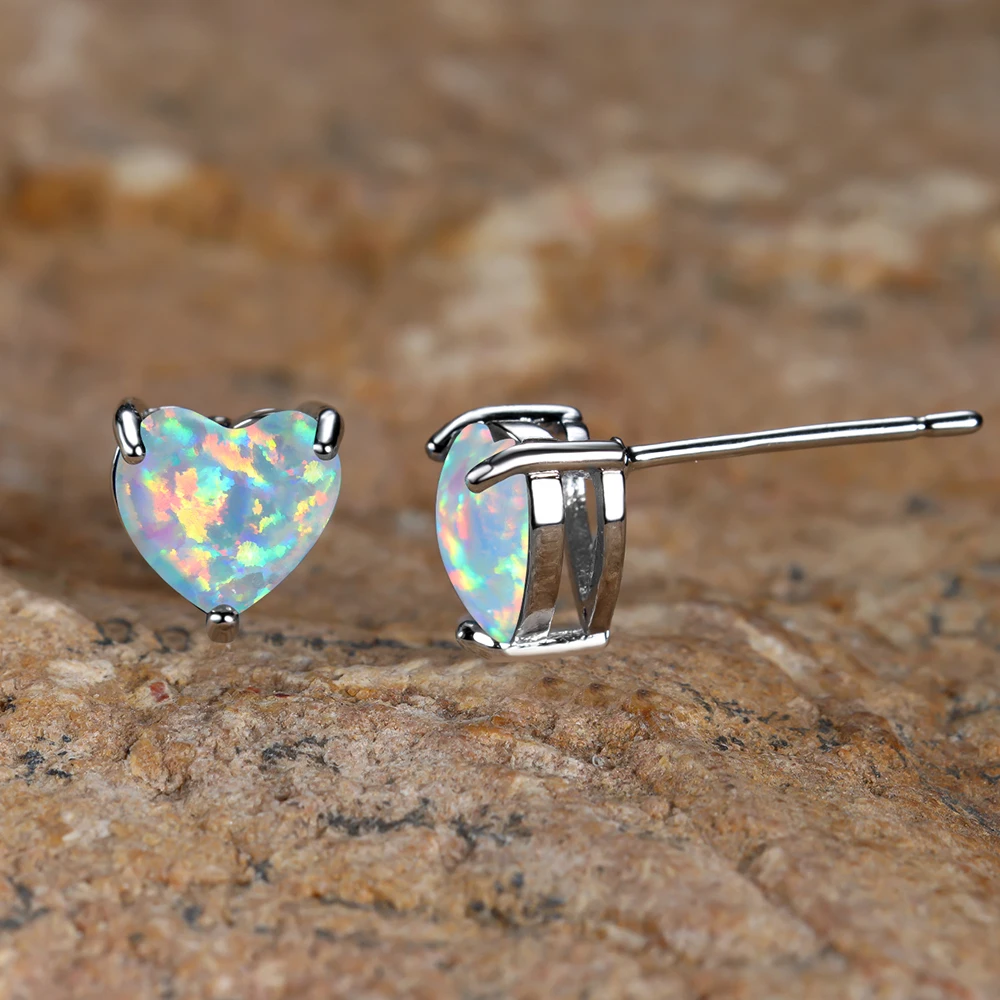 قوس قزح الأزرق الأبيض النار أوبال أقراط للنساء فضية اللون الزفاف القلب قرط الاذن المرصع الزفاف المشاركة حفلة عيد ميلاد مجوهرات