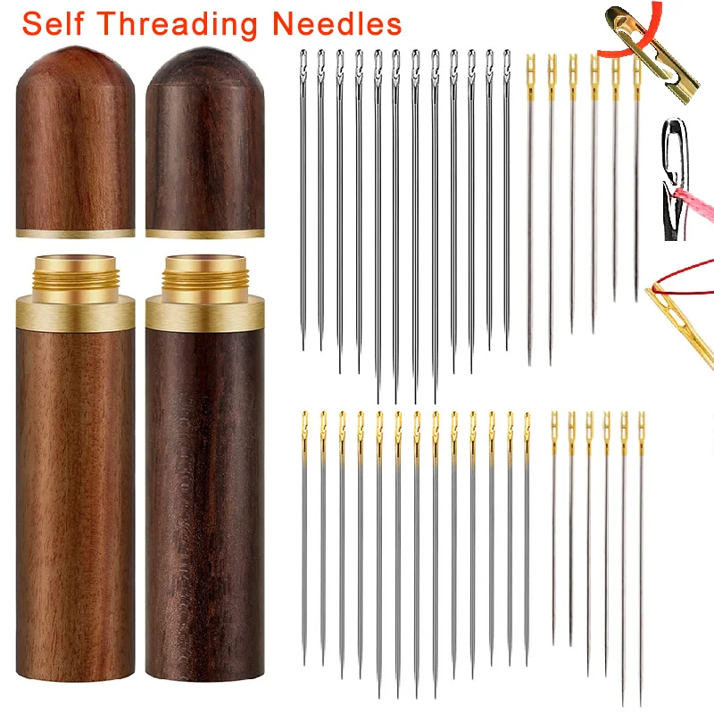 

24Pcs Self Threading Needles Wood Needle Case Blind Needle Stainless Steel Elderly Sewing Needles Household Sewing Tool Hand Sew