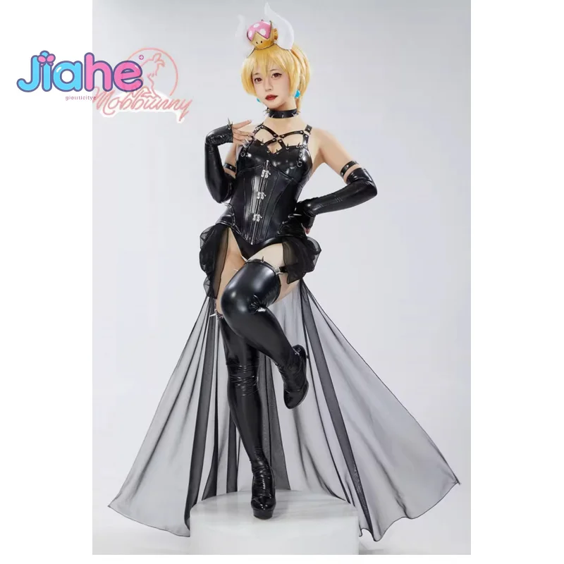 Костюм для косплея Bowsette, аниме Мариос, для взрослых, женский сексуальный черный кожаный комбинезон, повязка на голову, ожерелье, комплект, униформа на Хэллоуин