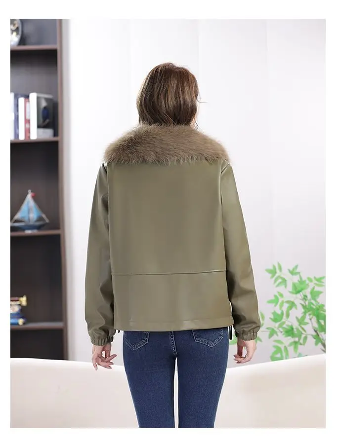 Damenjacken Herbst/Winter Lässige Mode Joker Gerade Mit Pelzkragen Reißverschluss Plus Samt Lederjacke Leder Damenmantel