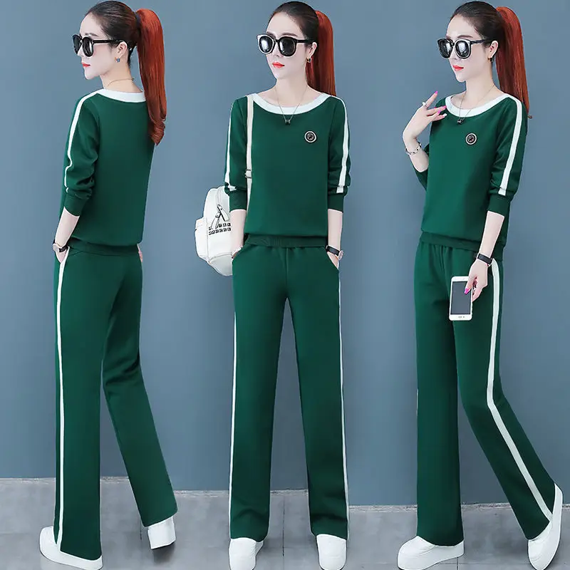 2022 New Spring and Autumn Fashion Long Sleeve Wide Leg Pants Set Women's Korean Slim Relaxed Casual Sports Two Piece Set