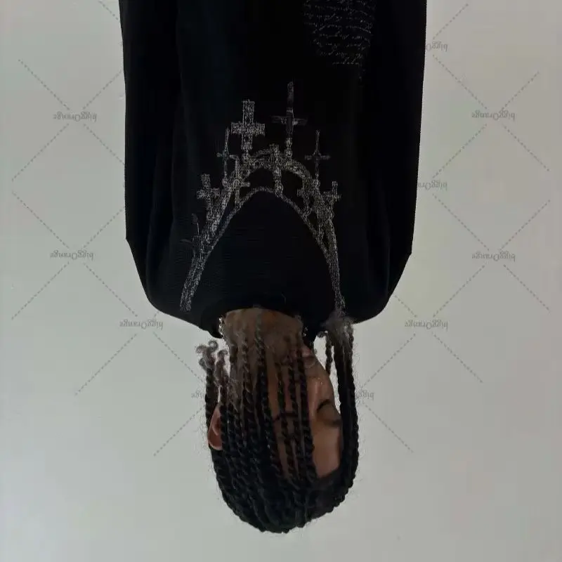 

Dark Gothic Harajuku Fashion Oversized Cotton Round Neck T-Shirt Men Casual Retro Y2K High Street Striped Print Loose Top Women