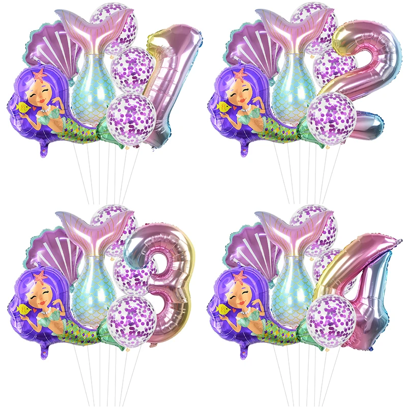 Balony z numerami i konfetti Balony z syreną dla dziewczynek Dekoracje urodzinowe 1, 2, 3, 4, 5, 6, 7, 8, 9 lat Dekoracje urodzinowe