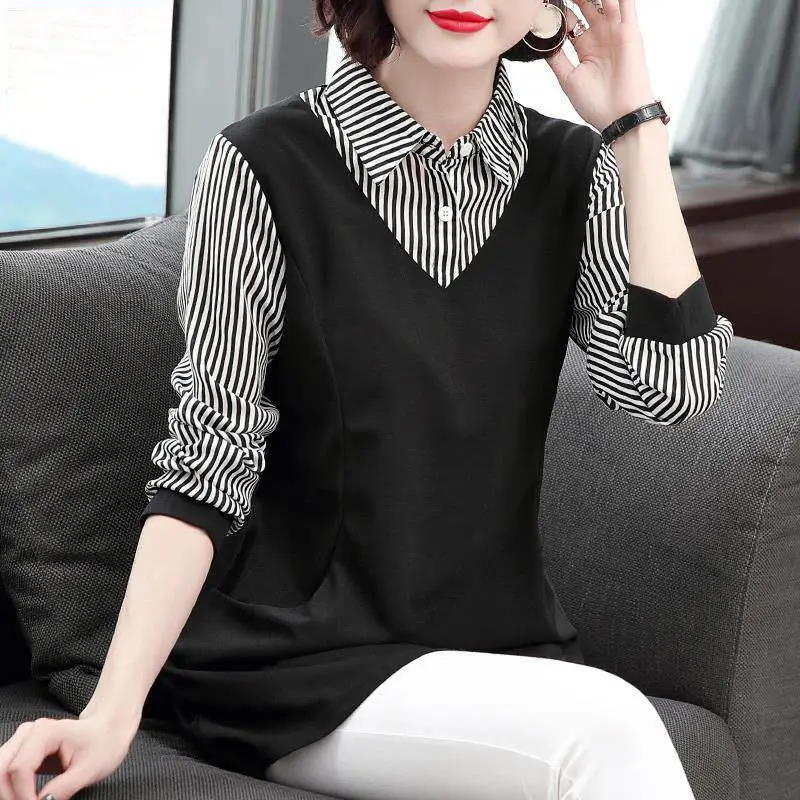 Fashion Lapel Spliced Striped Fake Two Pieces Blouse Women\'s Clothing 2023 Spring New Oversized Casual Pullovers Korean Shirt