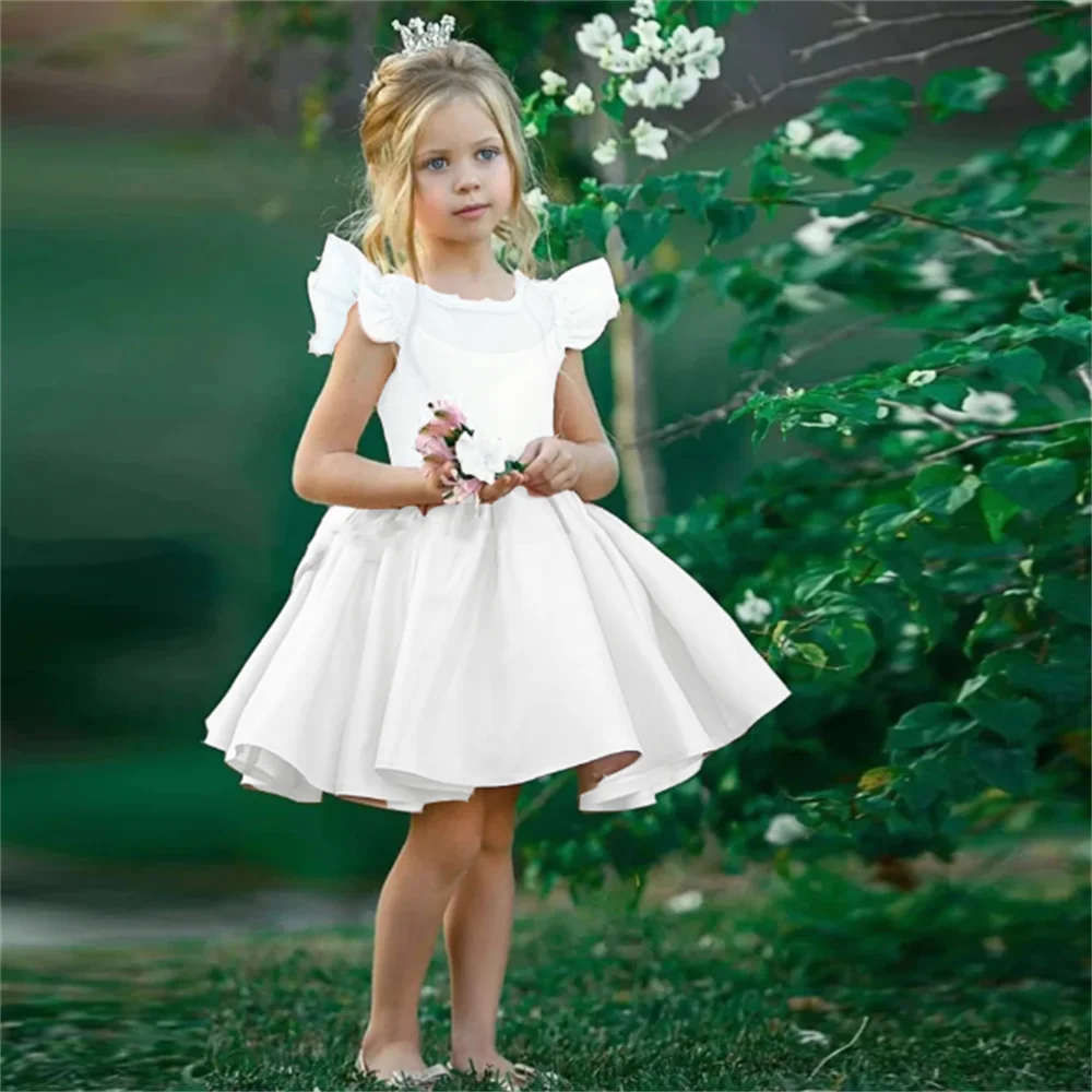 

White Satin Short Skirt Flower Girl Dress Lotus Leaf Sleeve Wedding Cute Birthday prom party Child First Communion Party Dress