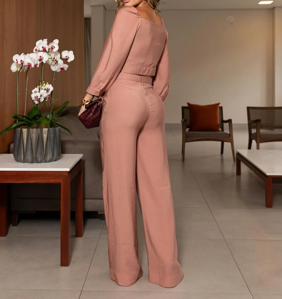 Two Piece Set for Woman Solid Retro Square Neck Short Top with Temperament Commuting Y2k Pants Suit Streetwear New Autumn 2024