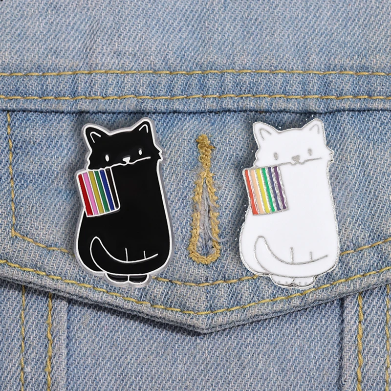 

Rainbow Flag Enamel Pins Custom Black White Cat Pride Brooches Lapel Badges Cartoon Animal Jewelry Gift for Lovers Friends