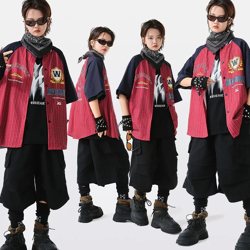 

Одежда для джазовых танцев для мальчиков, детский сценический костюм в стиле хип-хоп, рубашка в красную полоску, черная короткая модная одежда для уличных танцев AMY2218