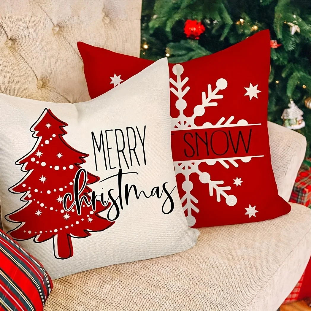 غطاء وسادة أحمر لعيد الميلاد - زخرفة جولي ندفة الثلج | ديكور عطلة الشتاء، سرير/أريكة/غرفة المعيشة #3
