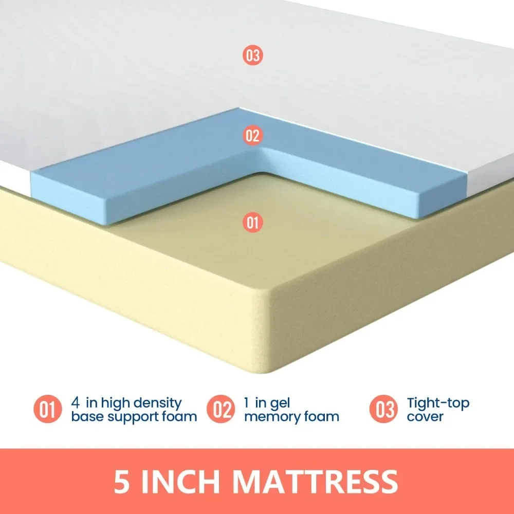 5 Inch Gel Memory Foam Medium-Firm Mattress for Pressure Relief &Cooler Sleep Mattress for Kid Adults in a Box