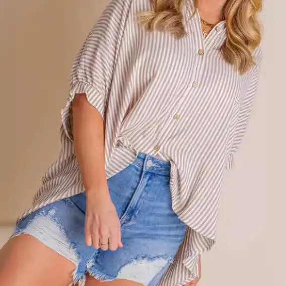 Women's Striped Single Mid-Sved irt Polyester Fiber Five-Sve Regular Thin Summer Faion Ladies' irt