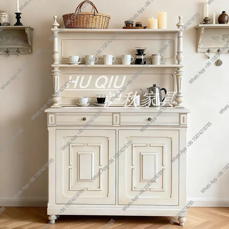 American nostalgic retro solid wood dining side cabinet white engraved multi-layer storage living room display storage cabinet