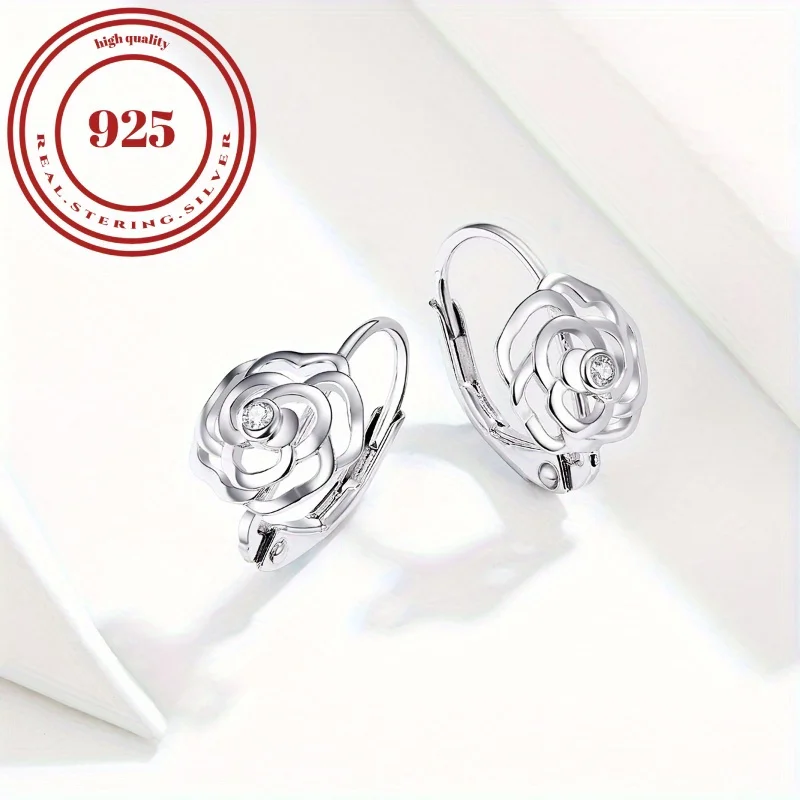 S925 Elegant Silver Rose Earrings with Sparkling Zircons and Platinum Plating