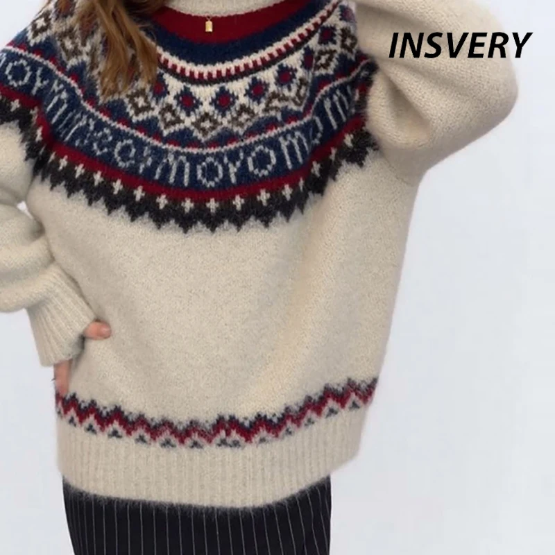 New Autumn Winter O Neck Long Sleeve Knitted Sweater Women Casual Vintage Printed Sweaters For Women Fashion Warm Jumper