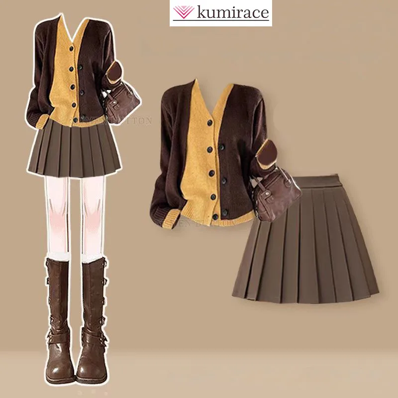 Autumn College Style Set, Women's American Fake Two-piece Knitted Cardigan Paired with Age Reducing Pleated Skirt Two-piece Set