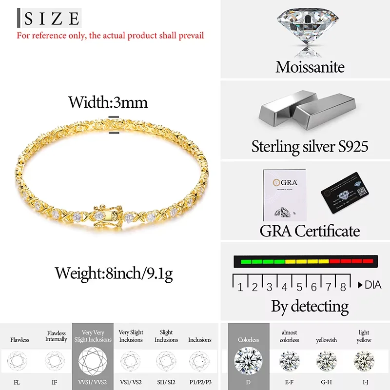 TUHE Classic Moissanite Tennis Bracelet 925 Silver Round Brilliant Cut Diamond Chain for Women Hip Hop Jewelry Gift view 6