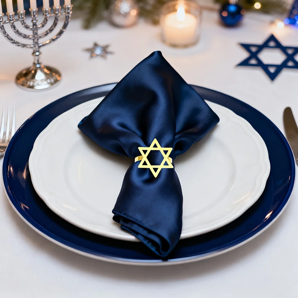 6Pcs Hanukkah Menorah Napkin Rings Gold Silver Rhinestone Star Cloth Holder Buckles Set Chanukah Jewish Party Table Decoration view 3