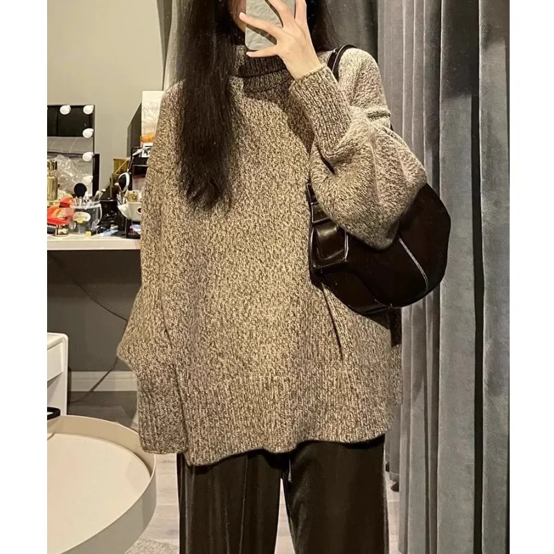 高級グレーのハイネック100％ピュアカシミヤセーター、女性用ルーズセーター、秋冬用ウールニットセーター