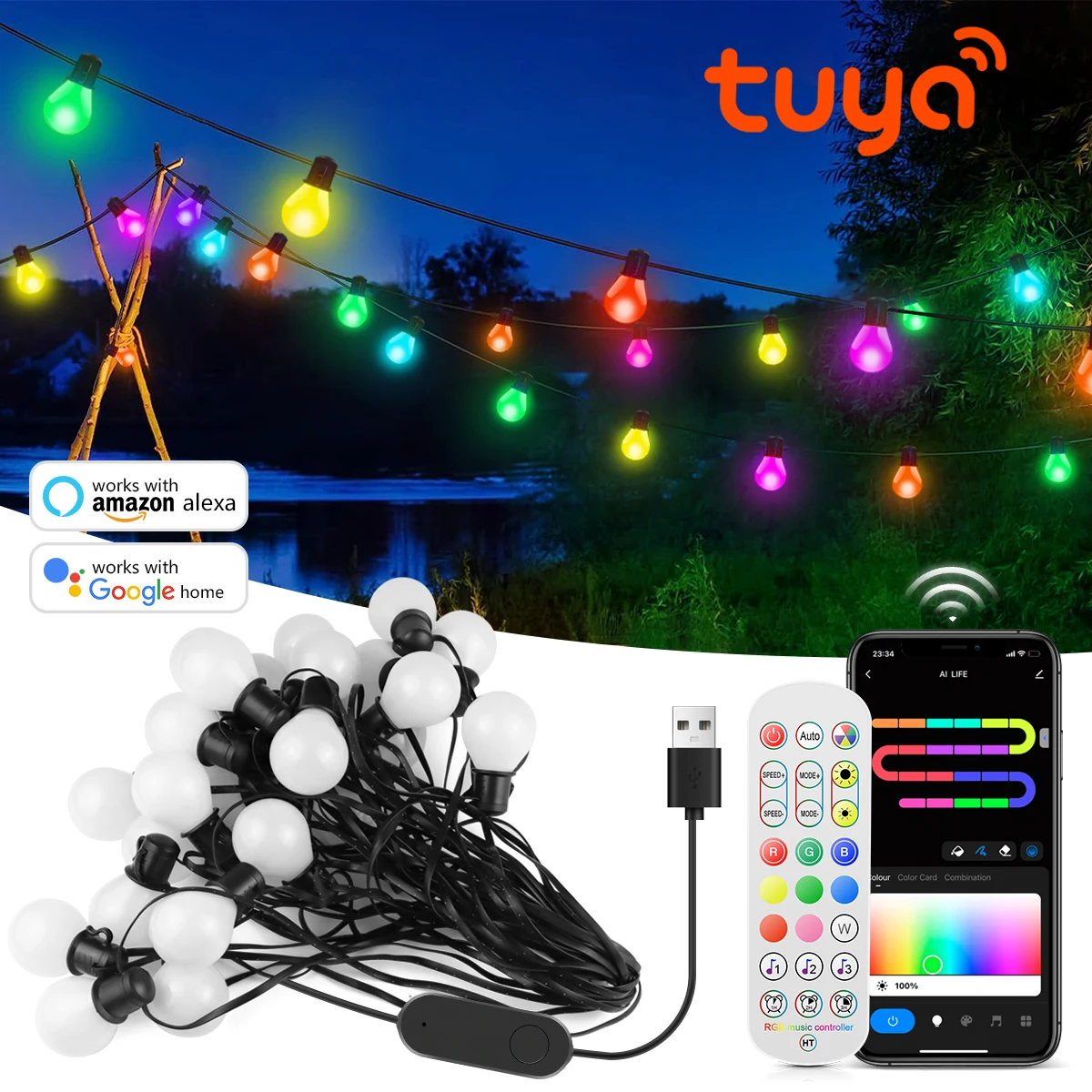 Zewnętrzna wodoodporna girlanda żarówkowa LED RGBIC USB Smart WIFI Fairy Lights Christmas Room Garden Decoration Festoon Garland Lights